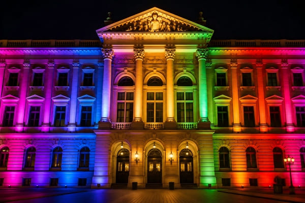 A building facade lit with dynamic colored lights